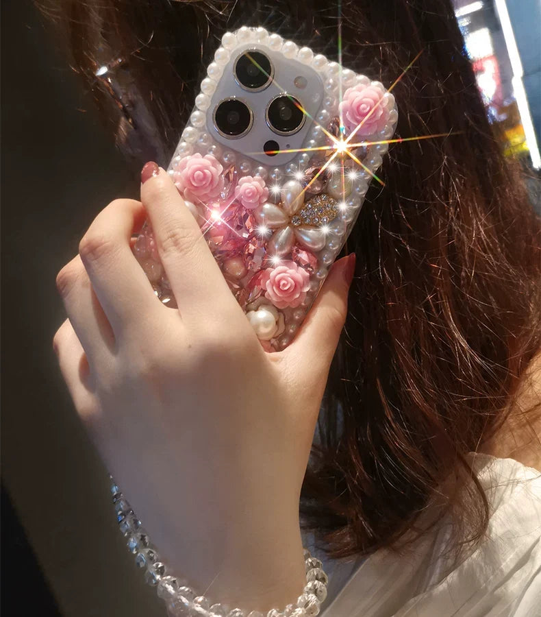 Pink Rose Pearl Crystal iPhone Case with Beaded Wrist Strap - on phone