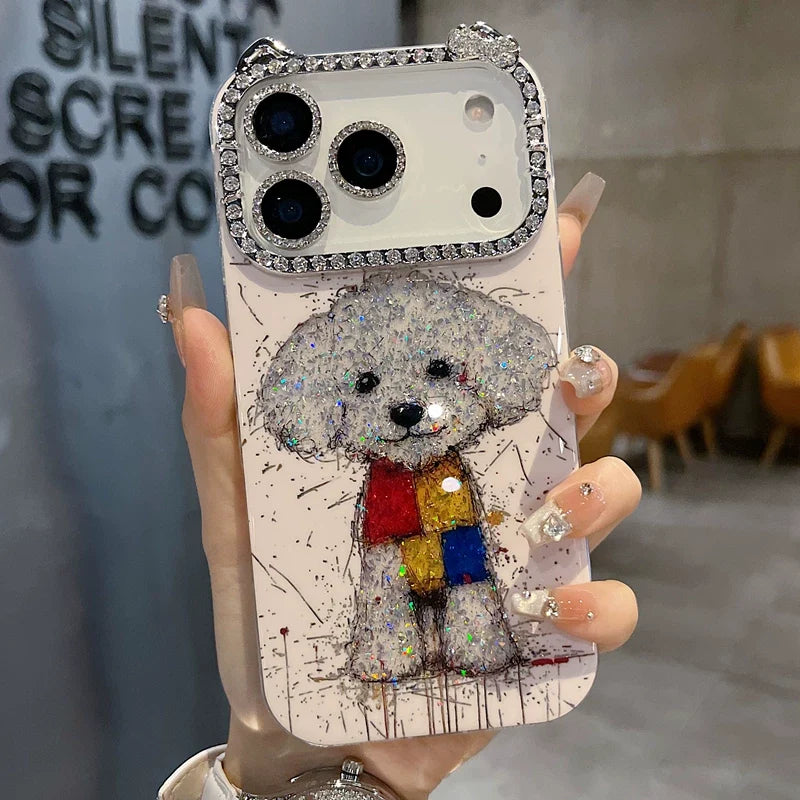 Sparkling Puppy Rhinestone iPhone Case Cute Glitter Camera Bling Cover - front view