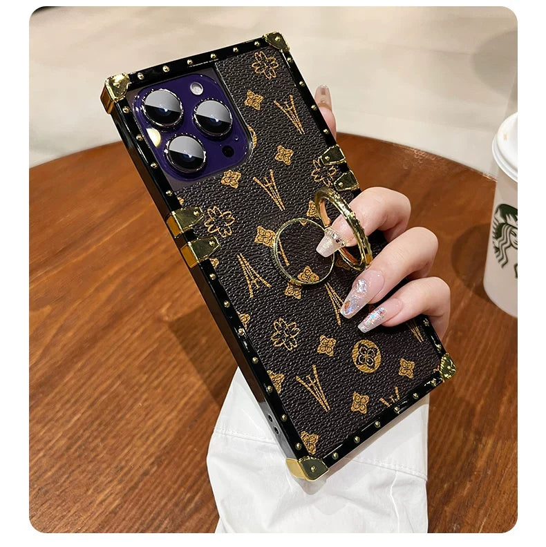 Luxe Vintage Trunk iPhone Case with Gold Tone Ring Grip - close-up detail