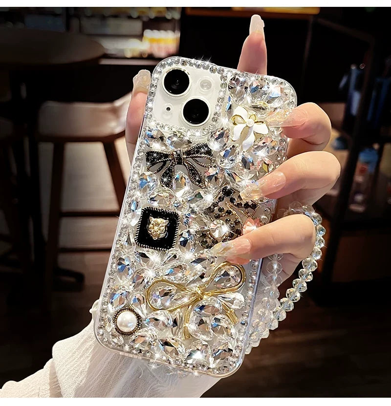 Luxury Crystal Bow iPhone Case with Beaded Wrist Strap - on phone
