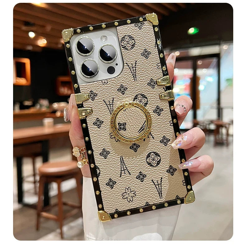 Luxe Vintage Trunk iPhone Case with Gold Tone Ring Grip - front view