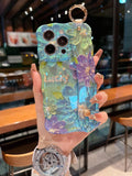 Watercolor Bloom Floral iPhone Case with Wrist Strap & Gold Tone Ring - close-up detail
