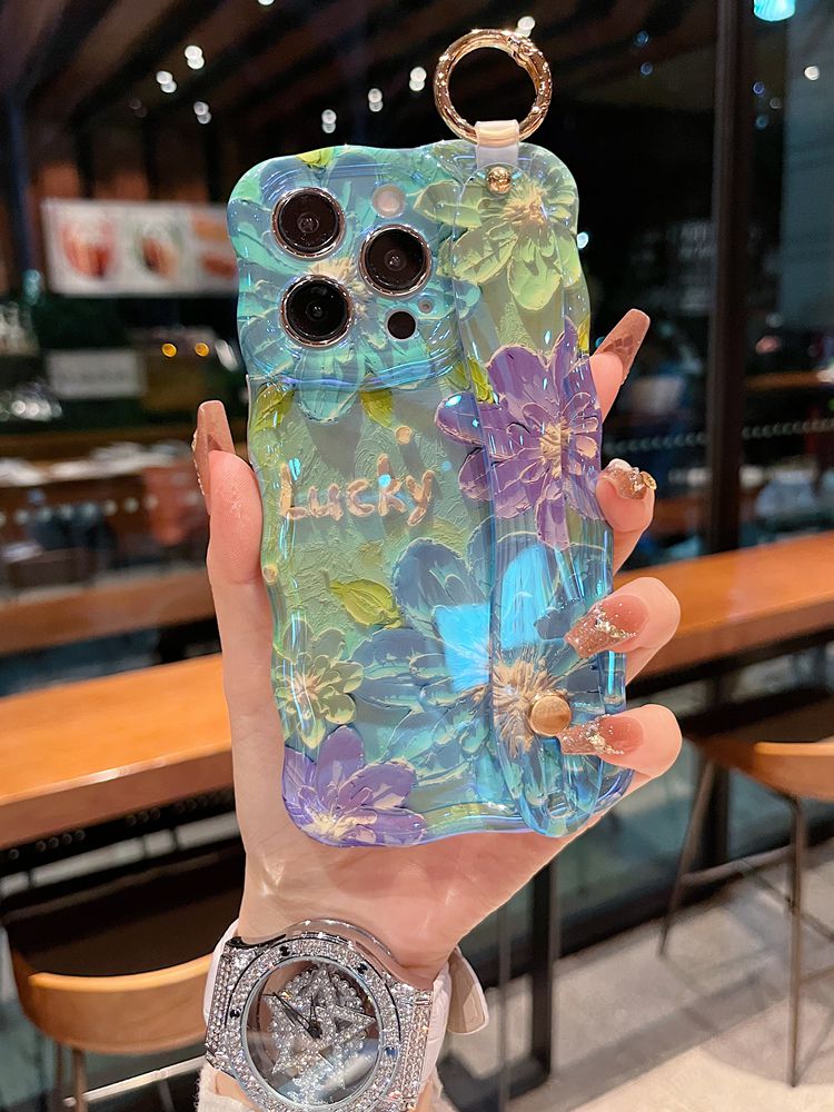 Watercolor Bloom Floral iPhone Case with Wrist Strap & Gold Tone Ring - close-up detail