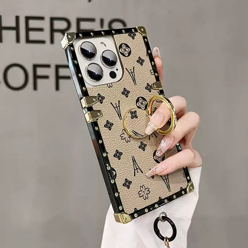 Luxe Vintage Trunk iPhone Case with Gold Tone Ring Grip - back detail