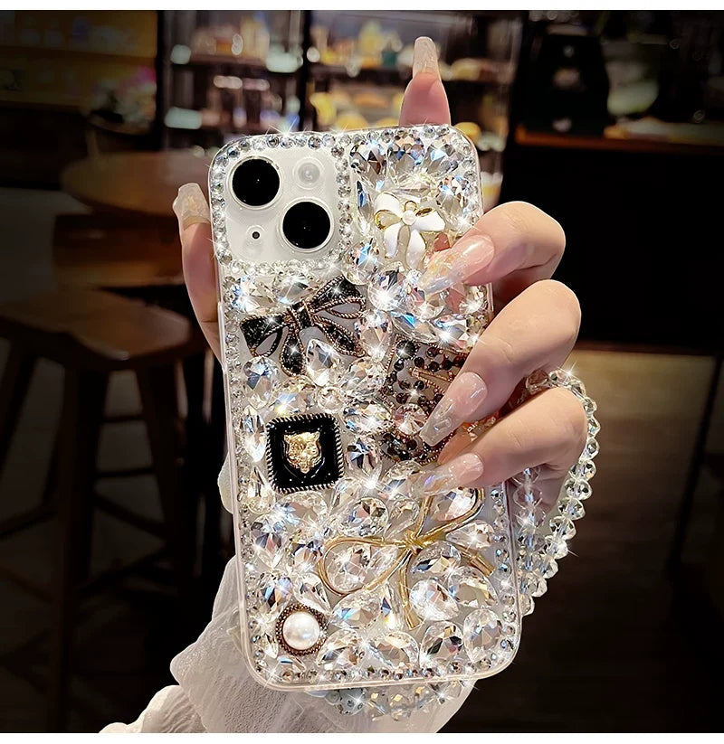 Luxury Crystal Bow iPhone Case with Beaded Wrist Strap - close-up detail
