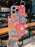 Watercolor Bloom Floral iPhone Case with Wrist Strap & Gold Tone Ring - back detail