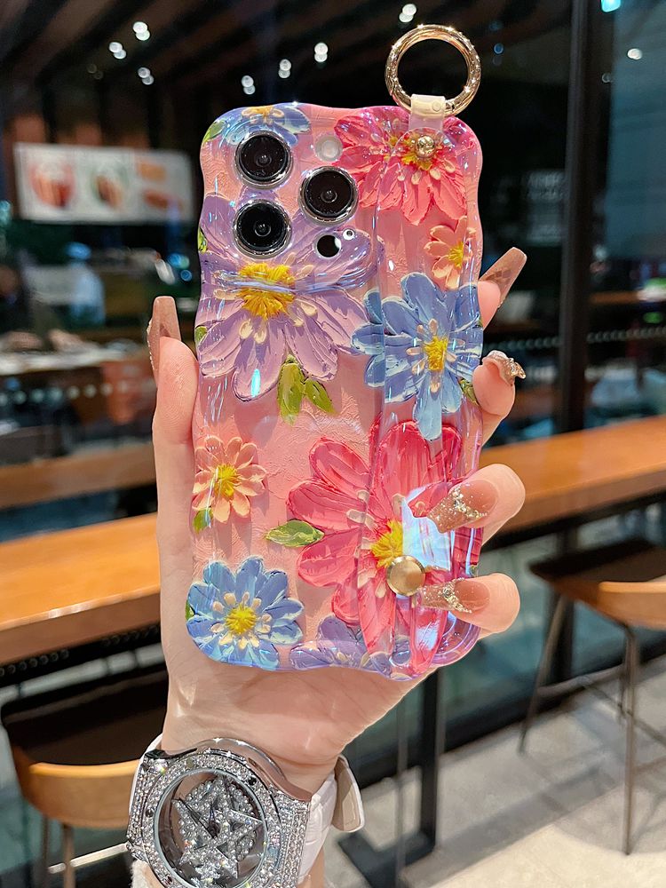 Watercolor Bloom Floral iPhone Case with Wrist Strap & Gold Tone Ring - back detail