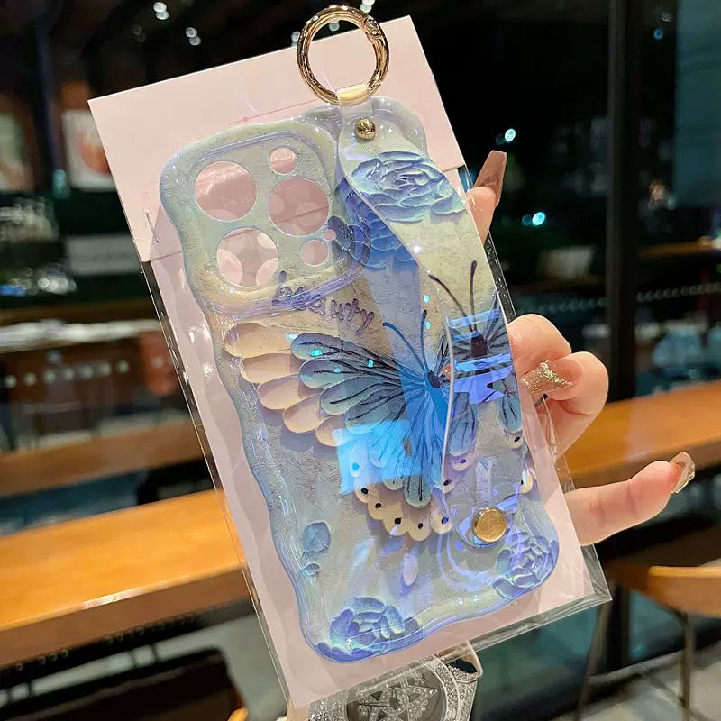 Lucky Blue Butterfly Garden iPhone Case with Wrist Strap & Gold Tone Ring - back detail