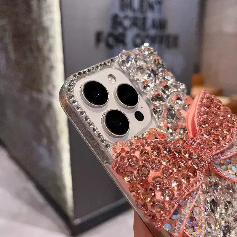 Pink Coquette Bow Crystal iPhone Case Rhinestone Bling Cover - on phone