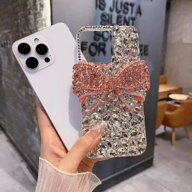 Pink Coquette Bow Crystal iPhone Case Rhinestone Bling Cover - back detail