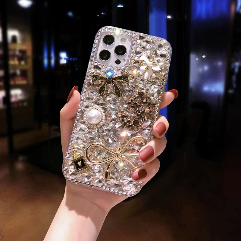 Luxury Crystal Charm iPhone Case with Gold Bows & Pearl Accents - back detail
