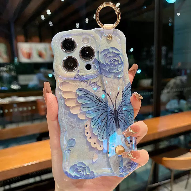 Lucky Blue Butterfly Garden iPhone Case with Wrist Strap & Gold Tone Ring - front view