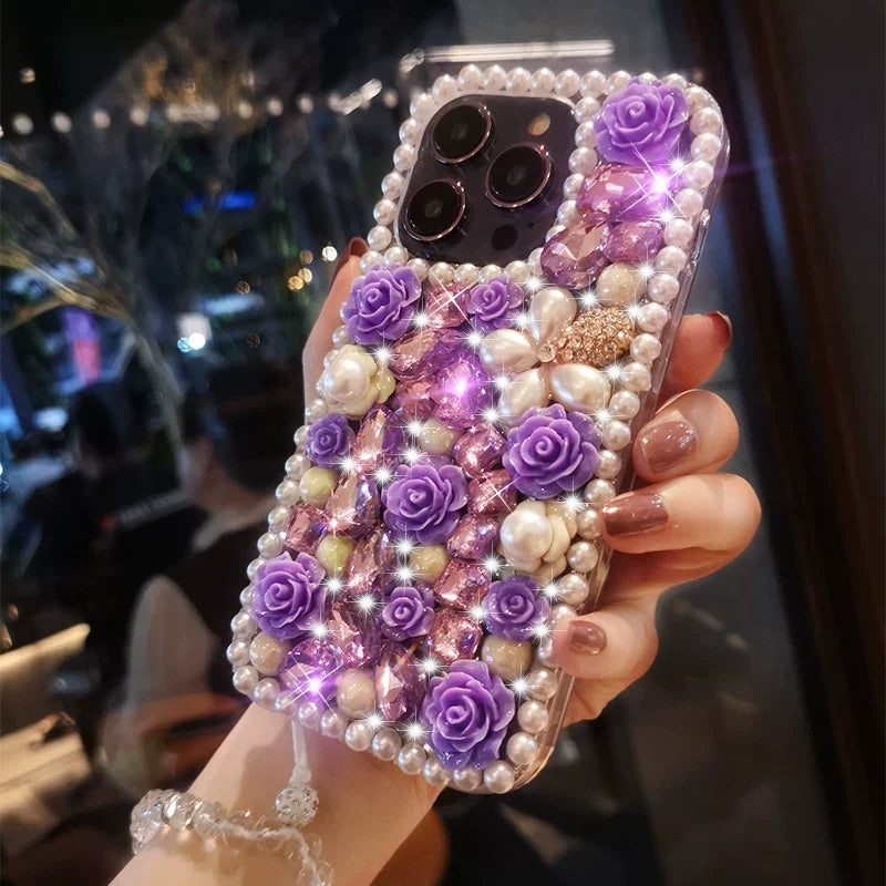Purple Rose Pearl Crystal iPhone Case with Beaded Wrist Strap - back detail