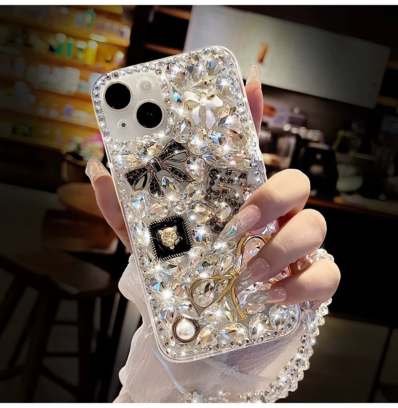 Luxury Crystal Bow iPhone Case with Beaded Wrist Strap - front view