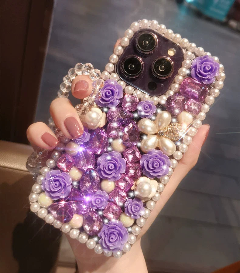 Purple Rose Pearl Crystal iPhone Case with Beaded Wrist Strap - side angle