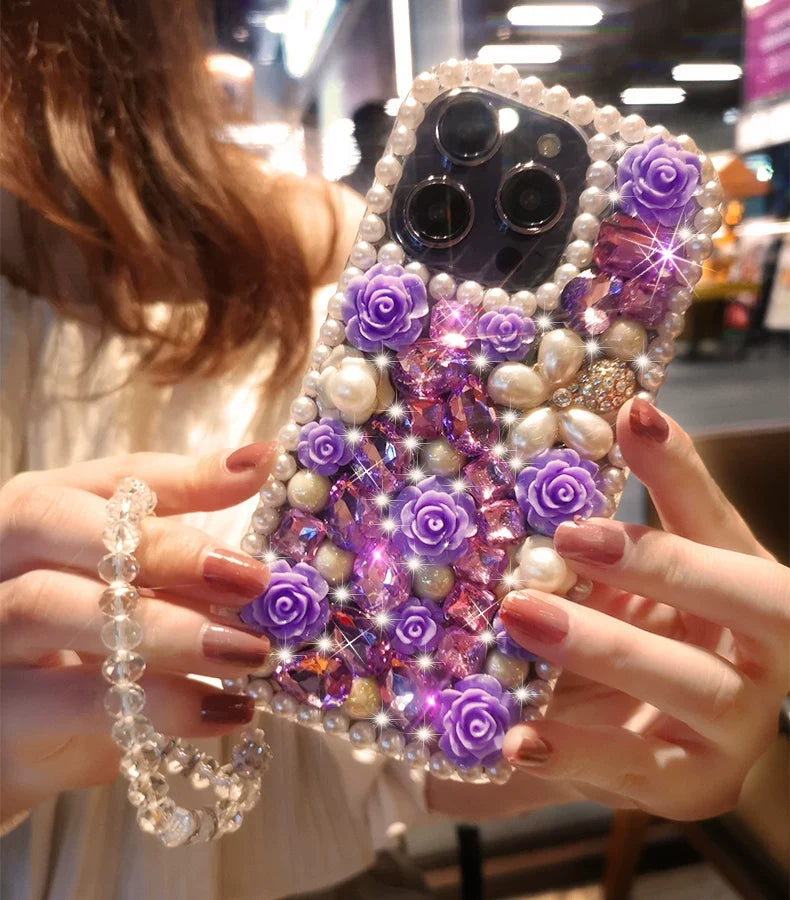 Purple Rose Pearl Crystal iPhone Case with Beaded Wrist Strap - close-up detail