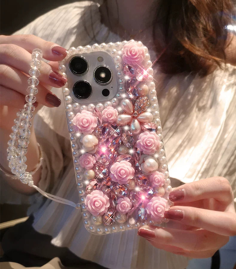 Pink Rose Pearl Crystal iPhone Case with Beaded Wrist Strap - back detail