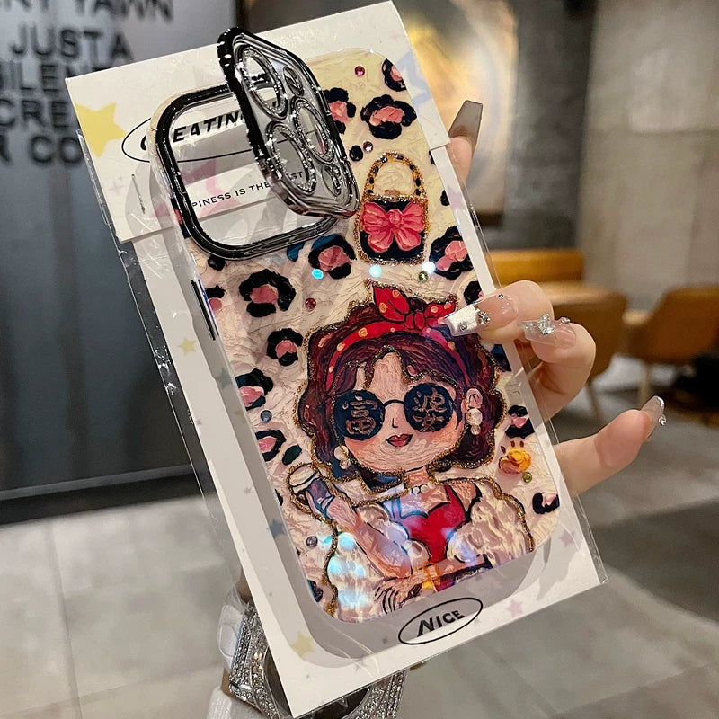 Leopard Glam Girl iPhone Case with Rhinestone Flip Camera Cover - close-up detail