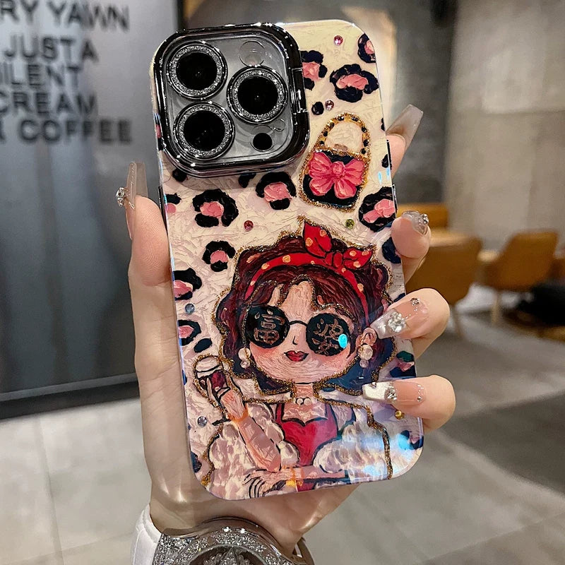 Leopard Glam Girl iPhone Case with Rhinestone Flip Camera Cover - front view