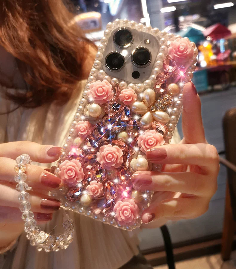 Pink Rose Pearl Crystal iPhone Case with Beaded Wrist Strap - side angle