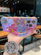 Watercolor Bloom Floral iPhone Case with Wrist Strap & Gold Tone Ring - side angle