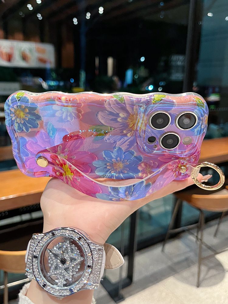 Watercolor Bloom Floral iPhone Case with Wrist Strap & Gold Tone Ring - side angle