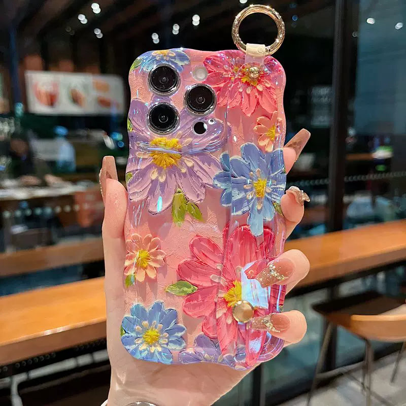 Watercolor Bloom Floral iPhone Case with Wrist Strap & Gold Tone Ring - front view