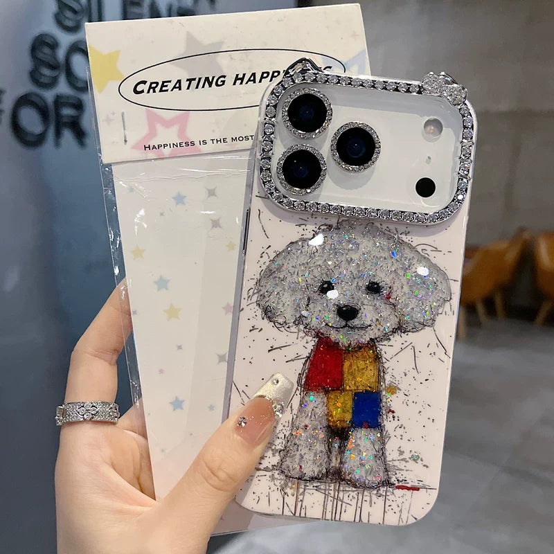 Sparkling Puppy Rhinestone iPhone Case Cute Glitter Camera Bling Cover - close-up detail
