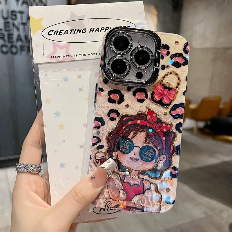 Leopard Glam Girl iPhone Case with Rhinestone Flip Camera Cover - back detail