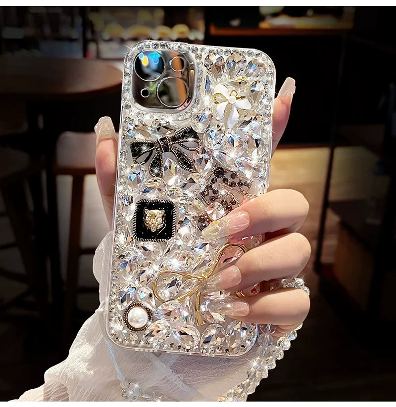 Luxury Crystal Bow iPhone Case with Beaded Wrist Strap - side angle