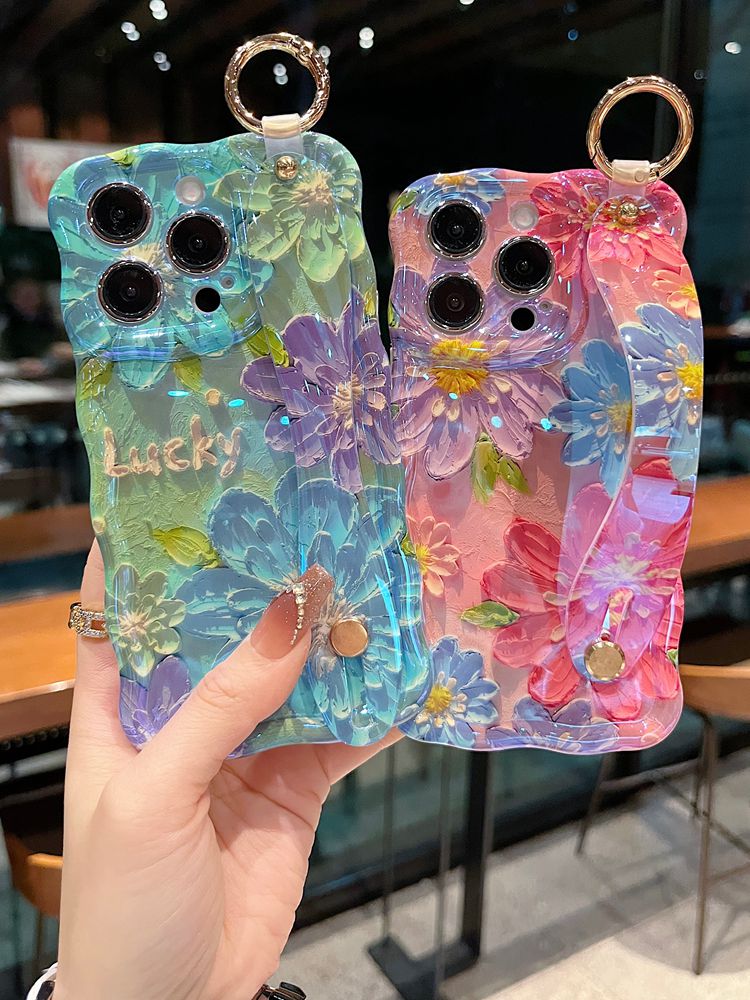 Watercolor Bloom Floral iPhone Case with Wrist Strap & Gold Tone Ring - on phone