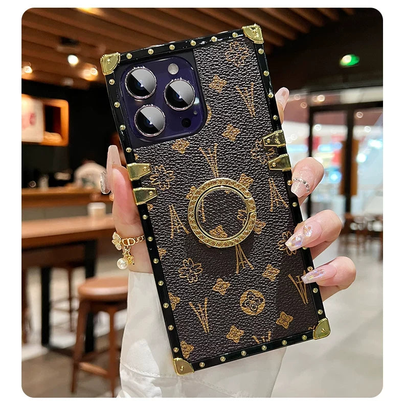Luxe Vintage Trunk iPhone Case with Gold Tone Ring Grip - side angle