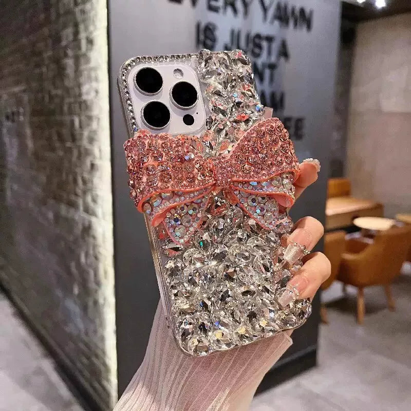 Pink Coquette Bow Crystal iPhone Case Rhinestone Bling Cover - front view