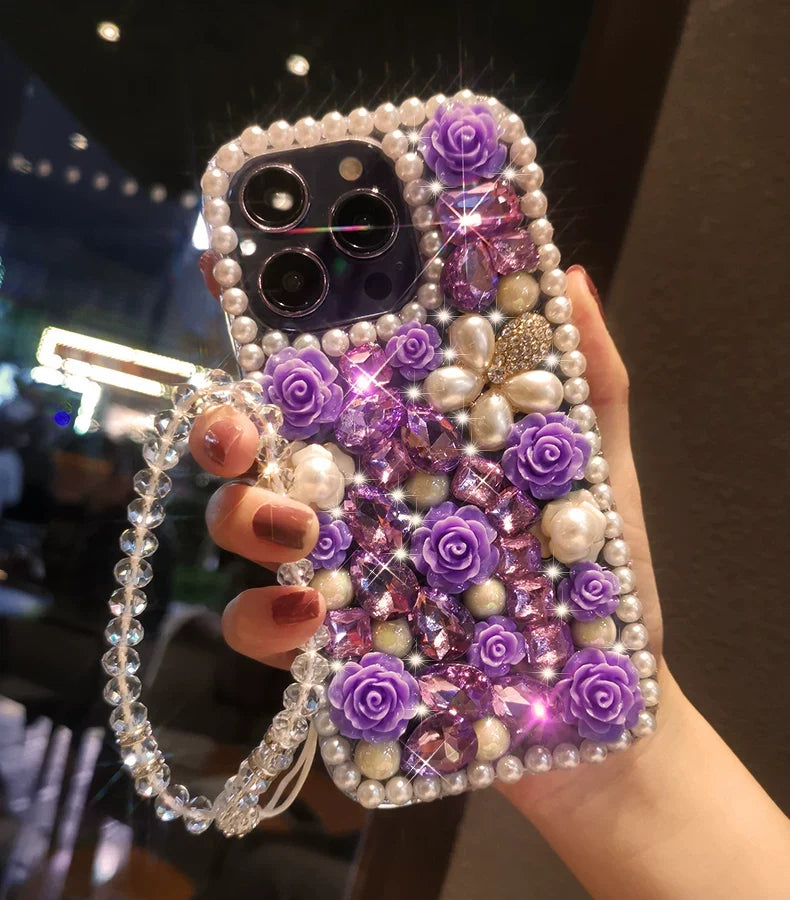 Purple Rose Pearl Crystal iPhone Case with Beaded Wrist Strap - front view