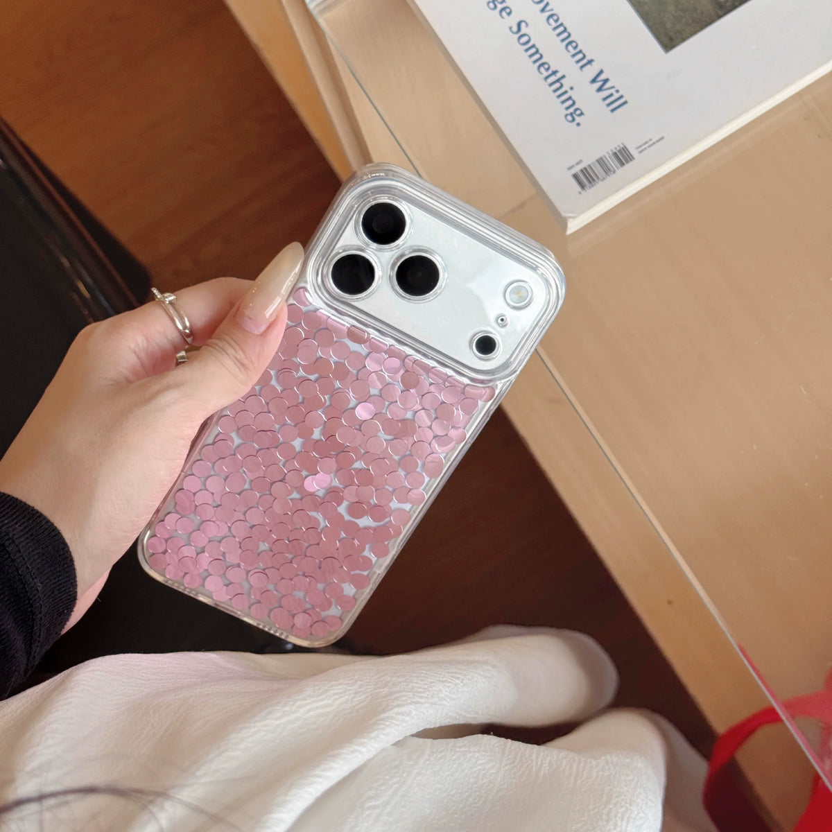Blush Confetti Clear iPhone Case Pink Sequin Sparkle - side angle