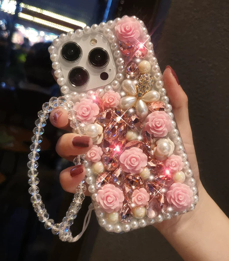 Pink Rose Pearl Crystal iPhone Case with Beaded Wrist Strap - front view