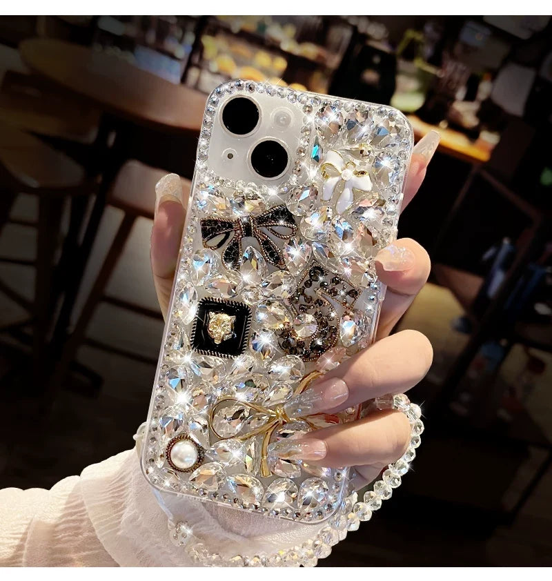 Luxury Crystal Bow iPhone Case with Beaded Wrist Strap - back detail