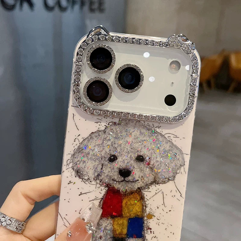 Sparkling Puppy Rhinestone iPhone Case Cute Glitter Camera Bling Cover - side angle