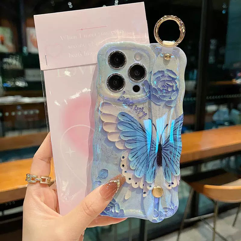 Lucky Blue Butterfly Garden iPhone Case with Wrist Strap & Gold Tone Ring - side angle