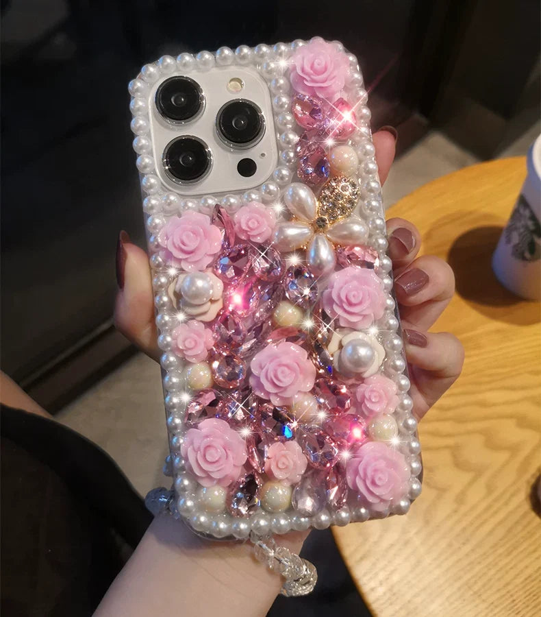 Pink Rose Pearl Crystal iPhone Case with Beaded Wrist Strap - close-up detail