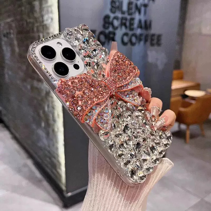 Pink Coquette Bow Crystal iPhone Case Rhinestone Bling Cover - side angle