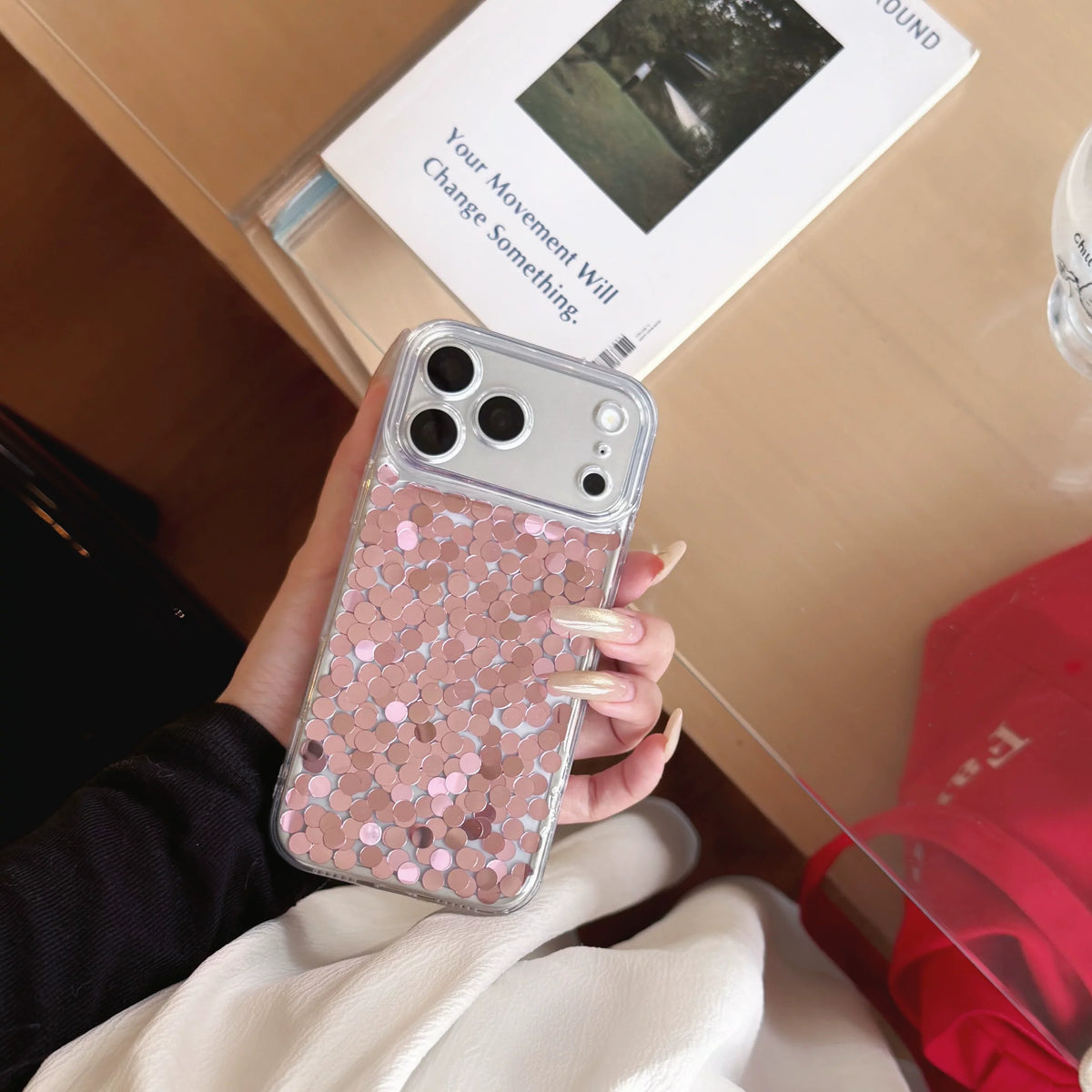 Blush Confetti Clear iPhone Case Pink Sequin Sparkle - on phone